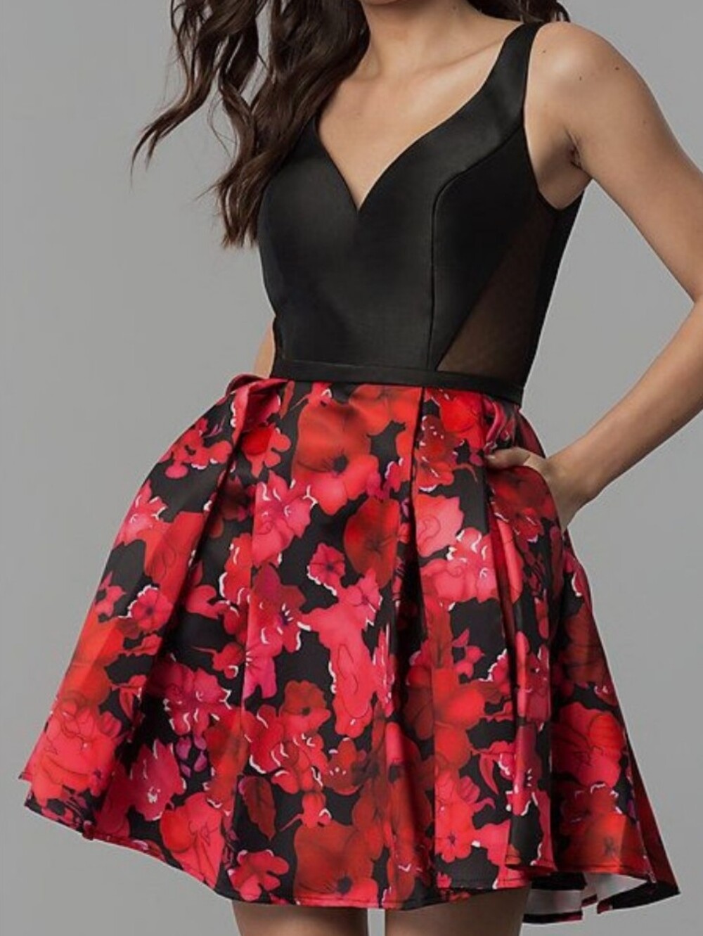 TERANI COUTURE NWT FLORAL PINK, RED, BLACK, WHITE SATIN FLAIRED MINI DRESS, US 2